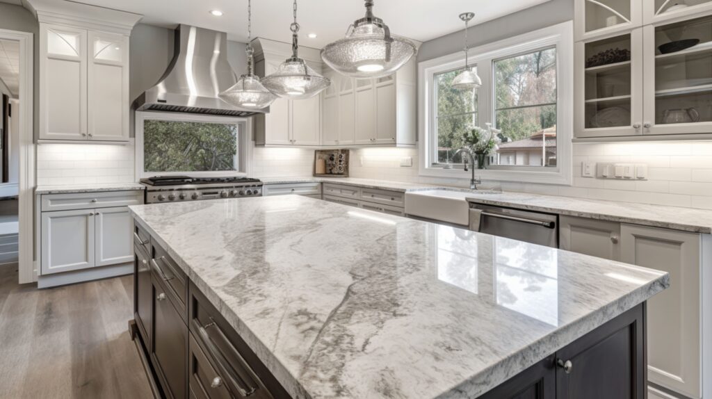 Modern white cabinets and quartz countertops after kitchen remodeling West Hollywood project