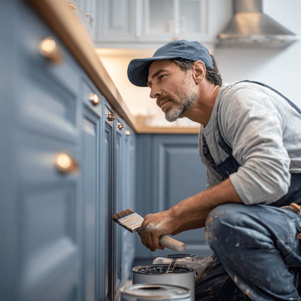 Professional painter applying a smooth coat of paint to kitchen cabinets as part of a cabinet painting service.