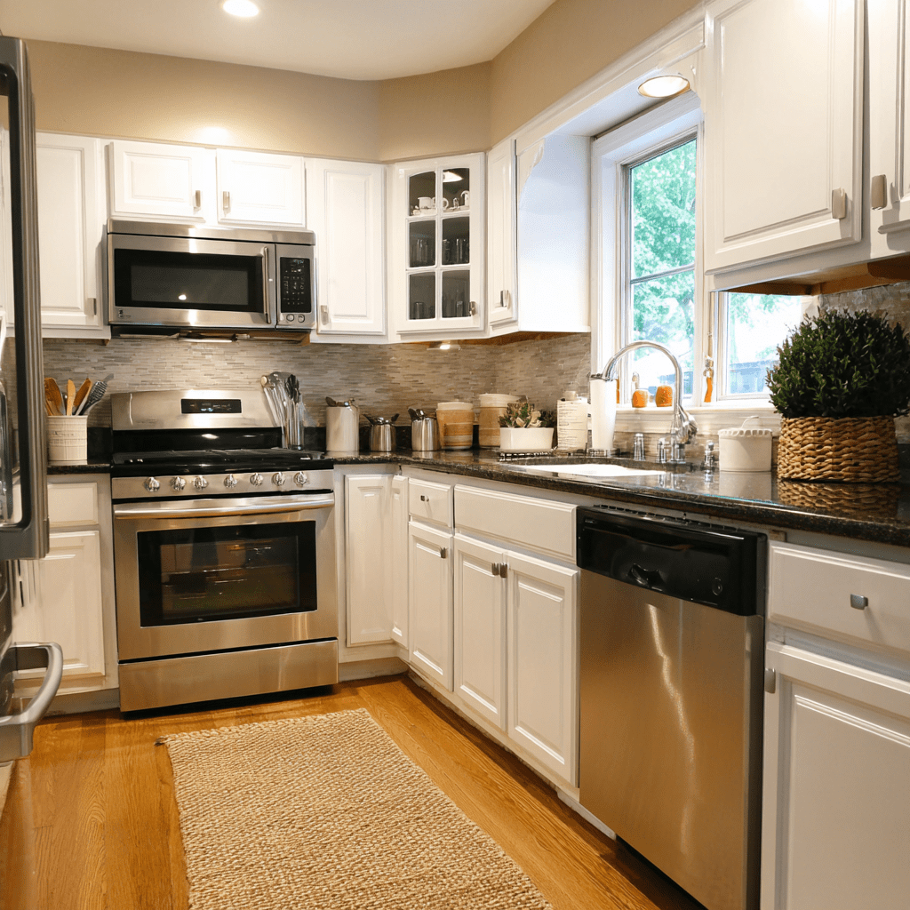 Kitchen cabinets updated through cabinet refacing compared to a full cabinet replacement.