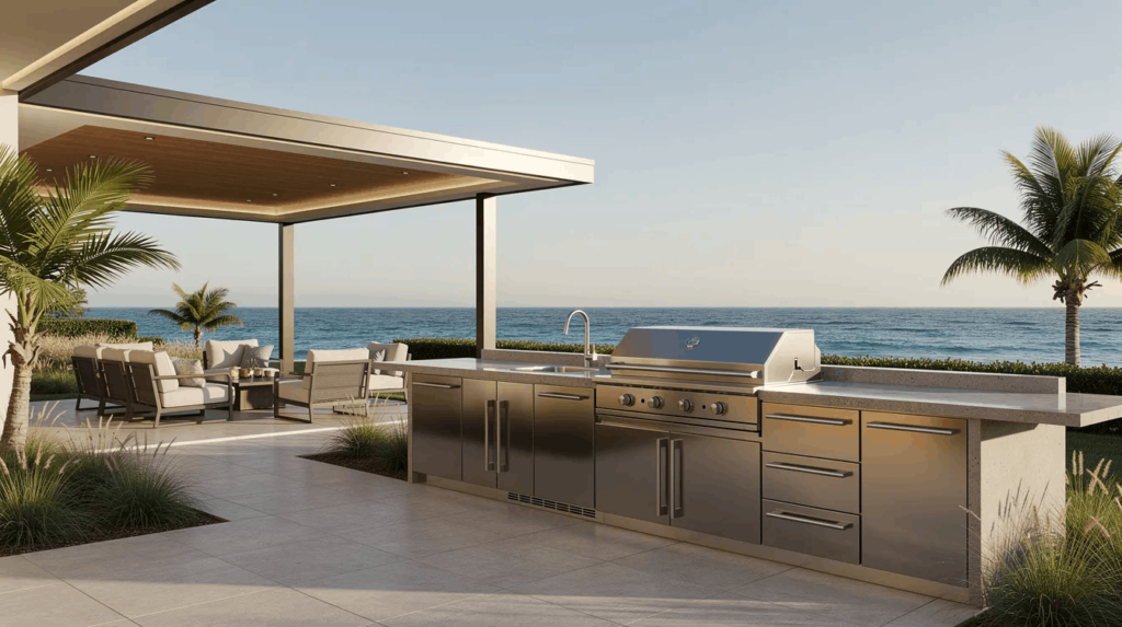 The image depicts a modern outdoor kitchen featuring sleek stainless steel cabinetry, situated next to a covered patio that offers a stunning ocean view. This design showcases popular kitchen cabinet materials, blending functionality with the natural beauty of the surrounding landscape.