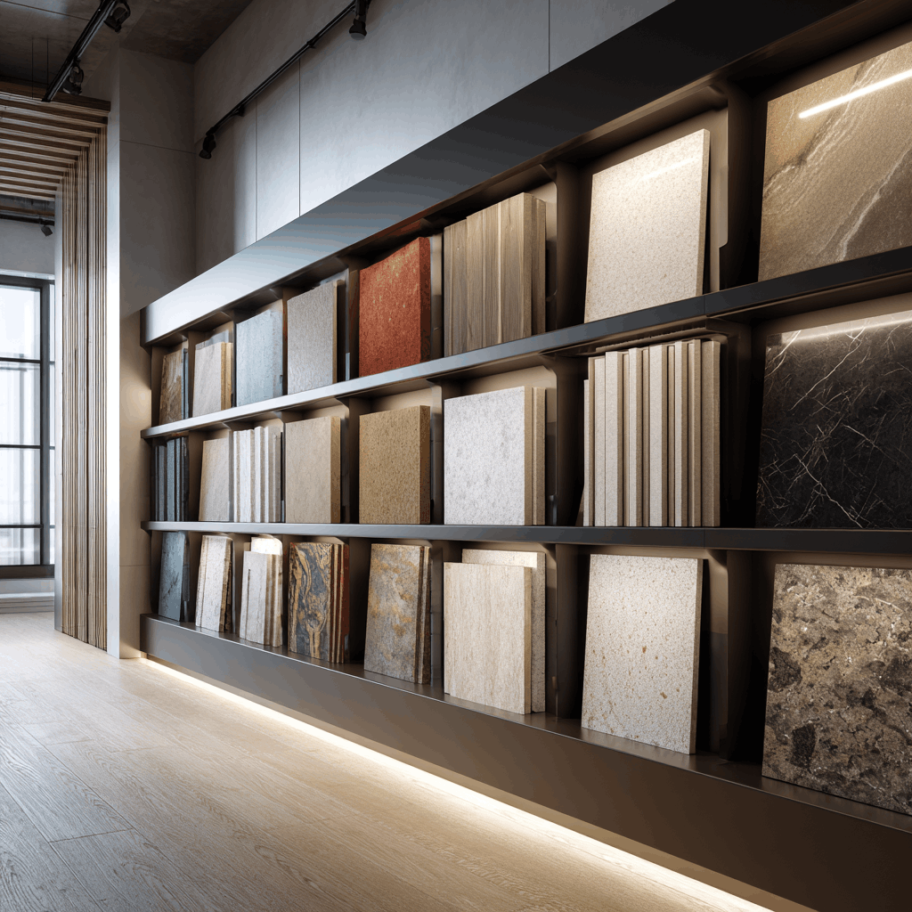 a showroom in Los Angeles showcasing various kitchen cabinet materials