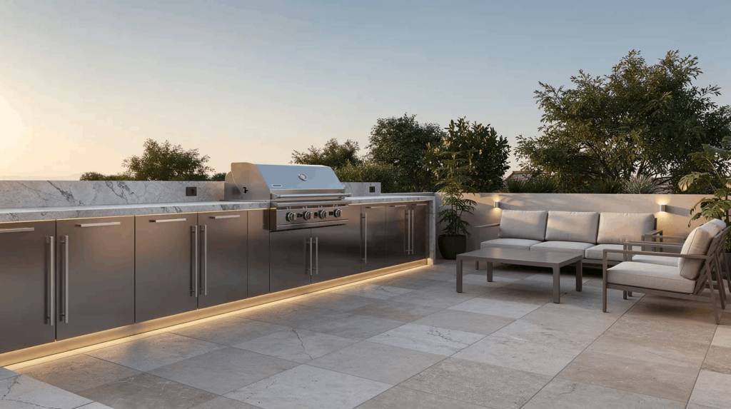 The image showcases a modern outdoor kitchen featuring sleek stainless steel cabinets, a durable stone countertop, and a built-in grill, all set within an inviting outdoor space that includes comfortable patio seating. This stylish setup is designed for entertaining and cooking, providing a weatherproof environment that withstands the elements.