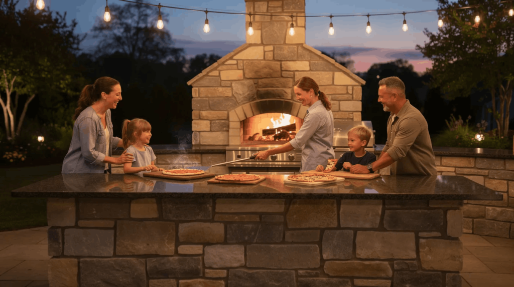 A family gathers around a stone island in an outdoor kitchen, featuring a built-in pizza oven, as evening lighting creates a warm atmosphere perfect for a pizza night. The scene captures the joy of cooking pizza together, highlighting the outdoor cooking experience with friends and family.
