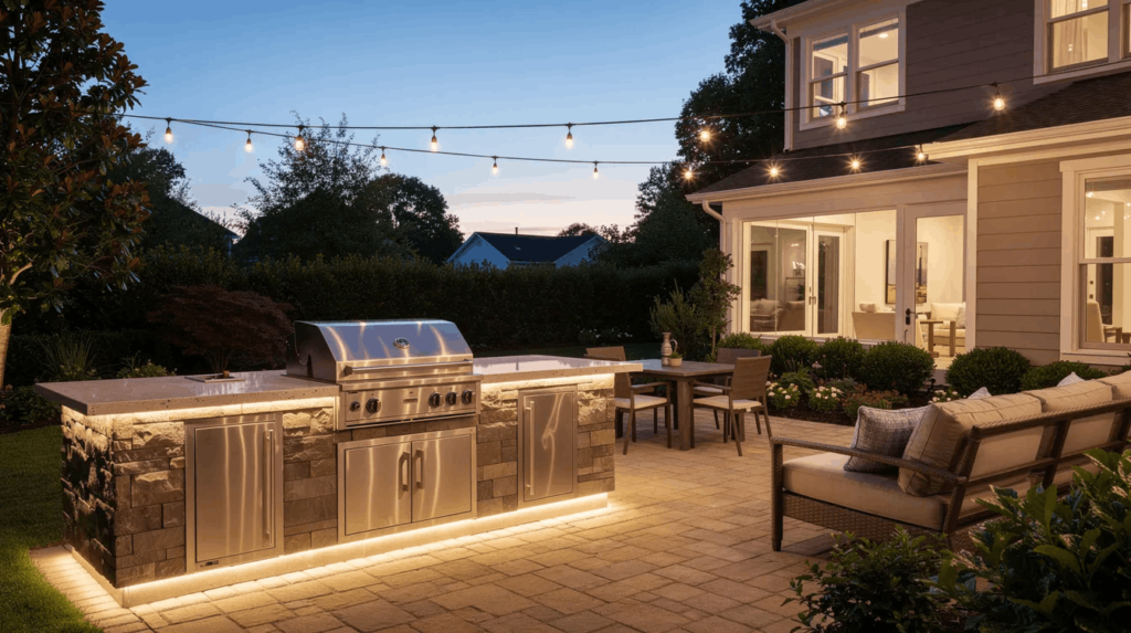 The image depicts a cozy backyard patio featuring an outdoor kitchen setup, complete with a grill and prep counter, illuminated by soft evening lighting. This inviting space is perfect for cooking pizza, showcasing the best outdoor pizza ovens for a delightful pizza night.